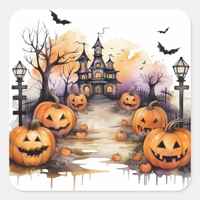 Spooky Spuk House Pumpkins Halloween Quadratischer Aufkleber (Vorderseite)