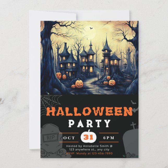 Spooky Spuk Town Houses Pumpkins Halloween Einladung (Vorderseite)