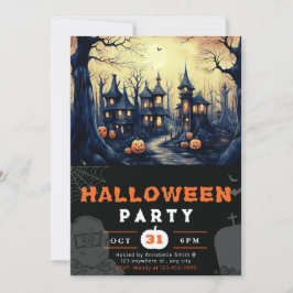 Spooky Spuk Town Houses Pumpkins Halloween Einladung