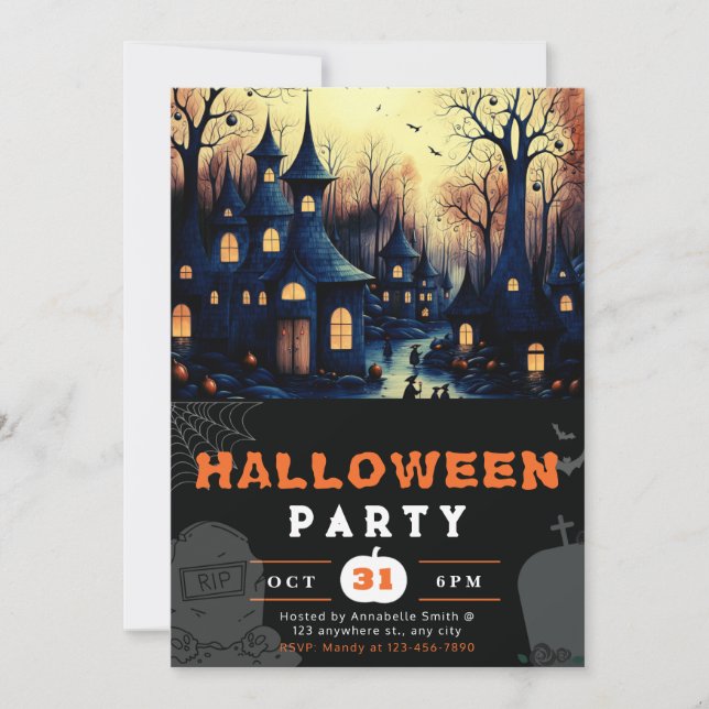 Spooky Spuk Town Houses Pumpkins Halloween Einladung (Vorderseite)