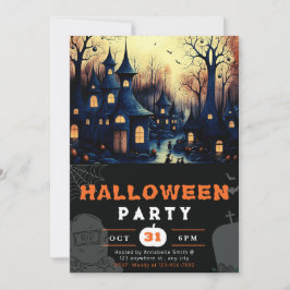 Spooky Spuk Town Houses Pumpkins Halloween Einladung