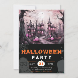 Spooky Spuk Town Houses Pumpkins Halloween Einladung