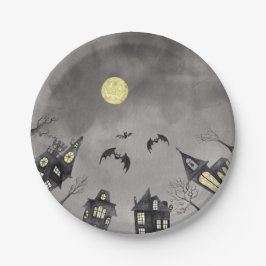 Spooky Stadt Wasserfarbe Halloween Papierplatte Pappteller