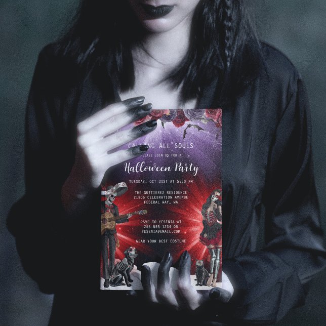 Spooky Sugar Skull Halloween-Party Einladung (Day of the Dead Halloween Party Invitation)