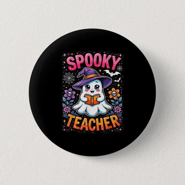 Spooky Teacher Niedlich Ghost Reading Buch Funny H Button (Vorderseite)
