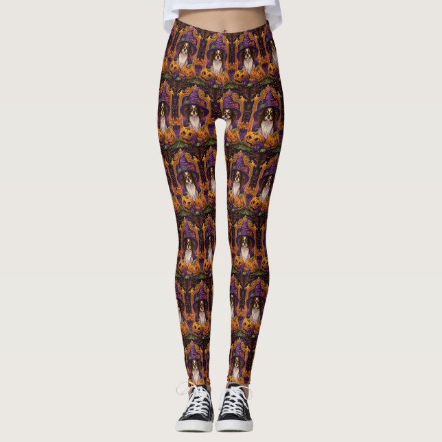 Spooky Tibetan Spaniel Hund Halloween Hexenkürbis Leggings (Vorderseite)