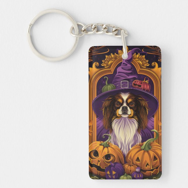 Spooky Tibetan Spaniel Hund Halloween Hexenkürbis Schlüsselanhänger (Vorderseite)
