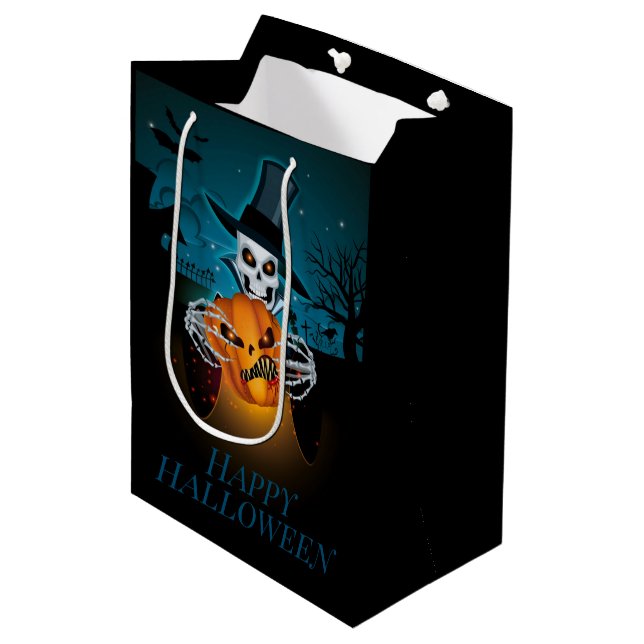 Spooky Top Hat Skeleton Mittlere Geschenktüte (Vorderseite Schrägansicht)