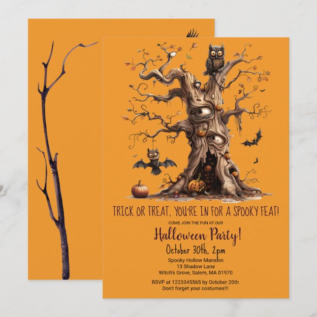 Spooky Tree Owl Bats Pumpkins Halloween-Party Einladung (Vorne/Hinten)