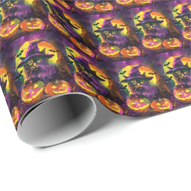 Spooky Turkish Angora Cat Halloween Hexenkürbis Geschenkpapier (Rolleneckpunkt)