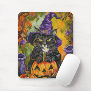 Spooky Tuxedo Katze Halloween Hexe und Pumpkin Mousepad