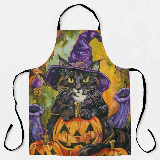 Spooky Tuxedo Katze Halloween Hexe und Pumpkin Schürze (Vorderseite)