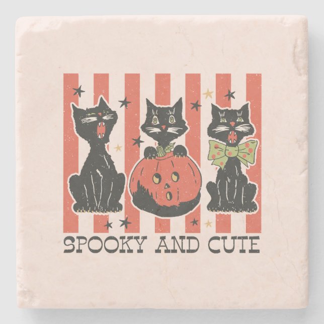 Spooky und Niedlich - Schwarze Katze und Kürbis Steinuntersetzer (Vorderseite)