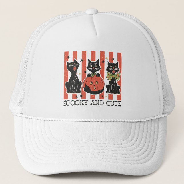 Spooky und Niedlich - Schwarze Katze und Kürbis Truckerkappe (Vorderseite)