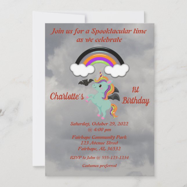 Spooky Unicorn 1. Geburtstag Einladung (Vorderseite)