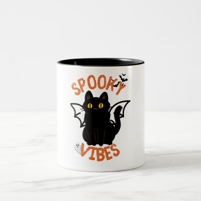 Spooky Vibes Cat Face Halloween Tasse (Mittel)