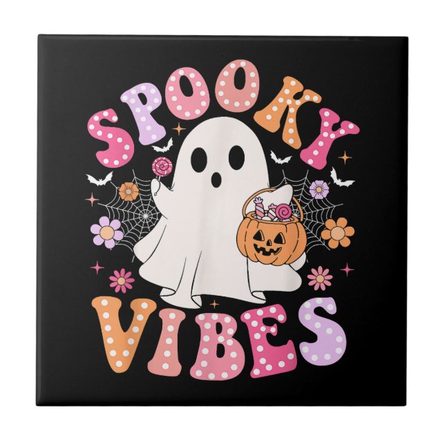Spooky Vibes Ghost Retro Groovy Halloween Fliese (Vorderseite)