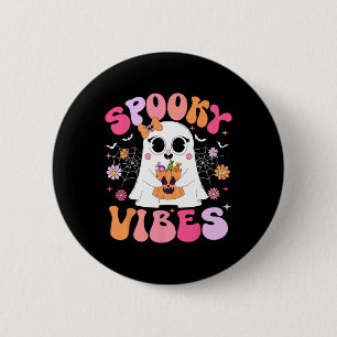 Spooky Vibes Ghost Retro Groovy Halloween Women Gi Button