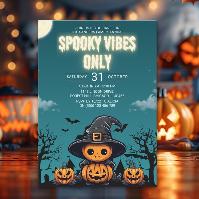 Spooky Vibes Only Halloween Party – Cute Pumpkin Einladung (Von Creator hochgeladen)