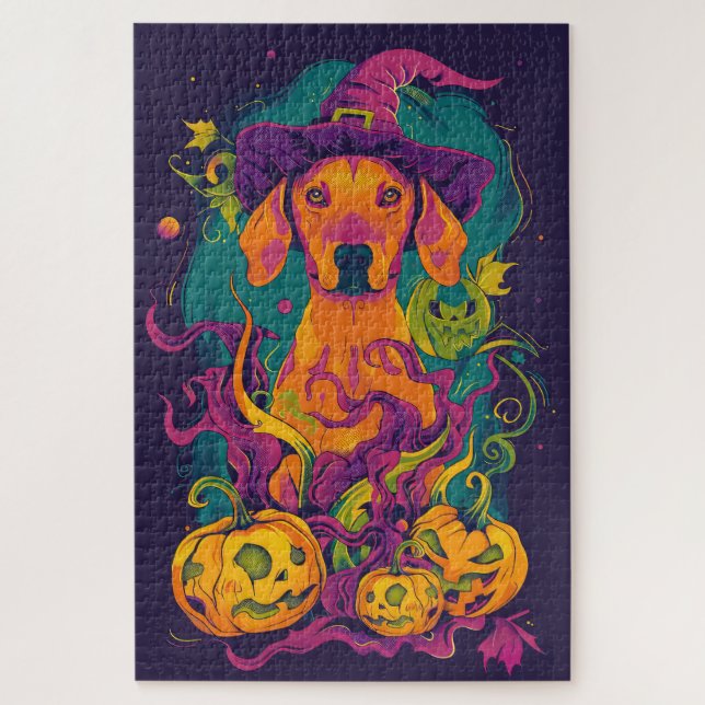 Spooky Vizsla Hund Halloween Hexe und Pumpkin (Vertikal)