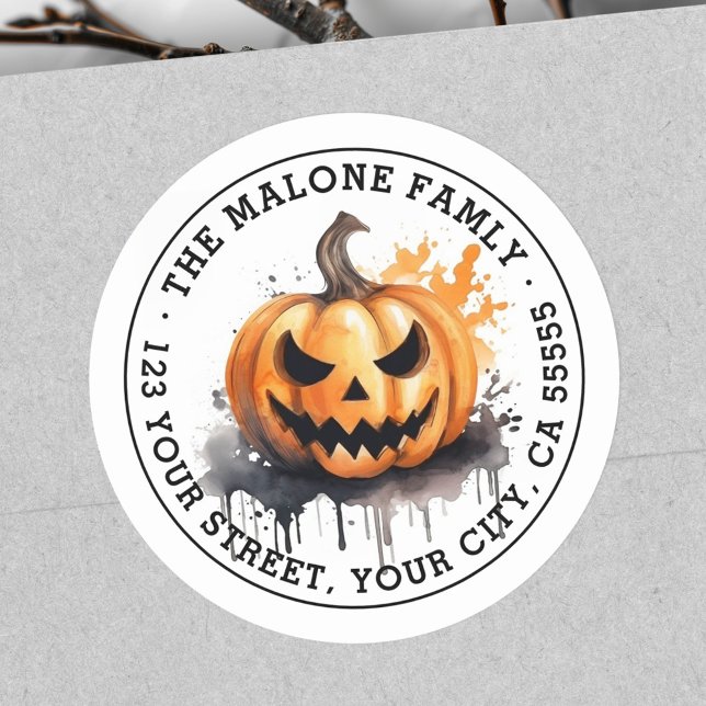 Spooky watercolor Jack-o-Lantern return address Runder Aufkleber (Spooky watercolor Jack-o-Lantern return address Classic Round Sticker)