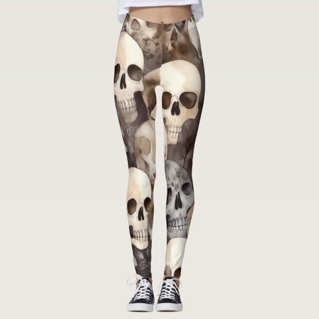 Spooky Watercolor Skulls Halloween Leggings (Vorderseite)