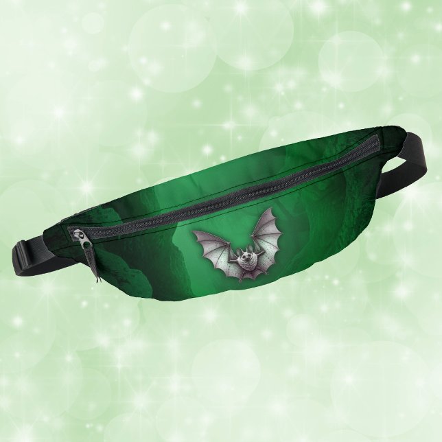 Spooky White Bat glühende grüne Höhle schwarz Bauchtasche (Spooky Gothic white bat flying out of green glowing cave on fanny pack.)