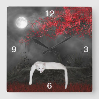 Spooky white cat quadratische wanduhr