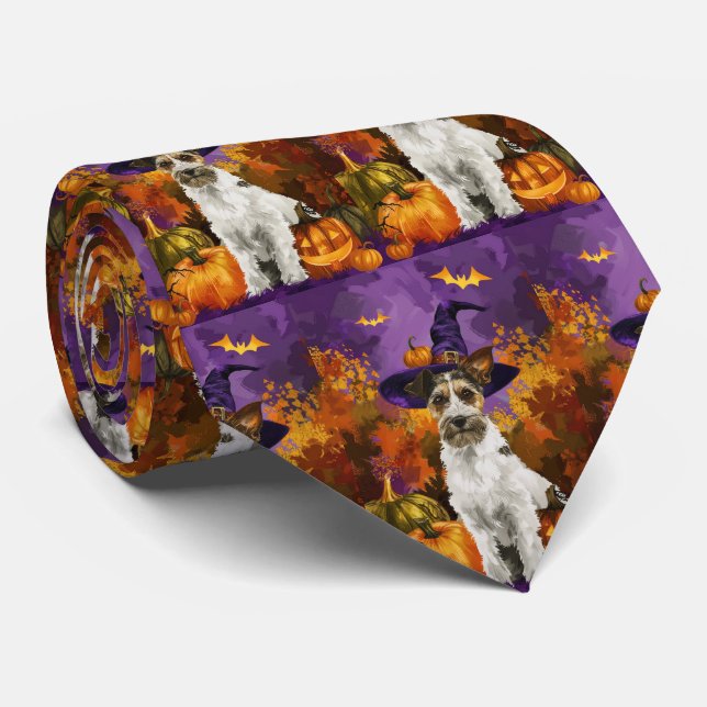 Spooky Wirefox Terrier Dog Halloween Hexenkürbis Krawatte (Gerollt)