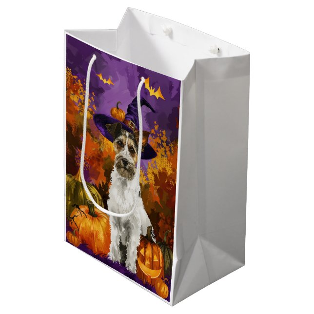 Spooky Wirefox Terrier Dog Halloween Hexenkürbis Mittlere Geschenktüte (Vorderseite Schrägansicht)