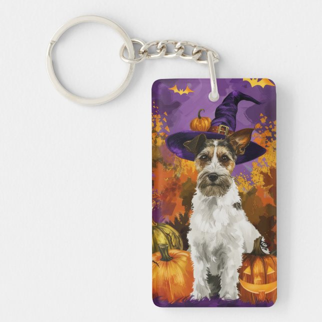 Spooky Wirefox Terrier Dog Halloween Hexenkürbis Schlüsselanhänger (Vorderseite)