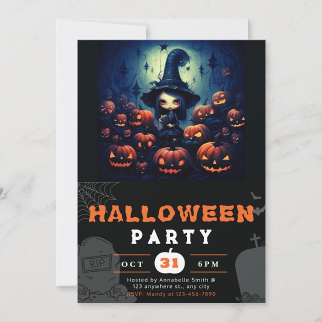 Spooky Witch Jack-O' Lanterns Full Moon Halloween Einladung (Vorderseite)