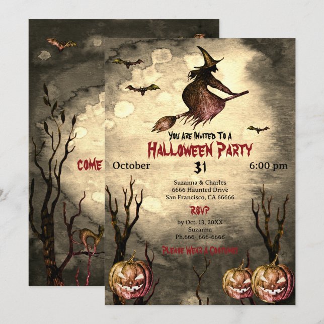 Spooky Witch Pumpkins Halloween-Party Einladung (Vorne/Hinten)