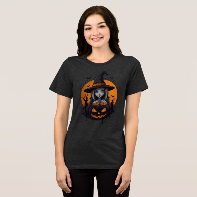 Spooky Witch with Jack-o’-Lantern Art Tri-Blend Shirt (Vorderseite voll)