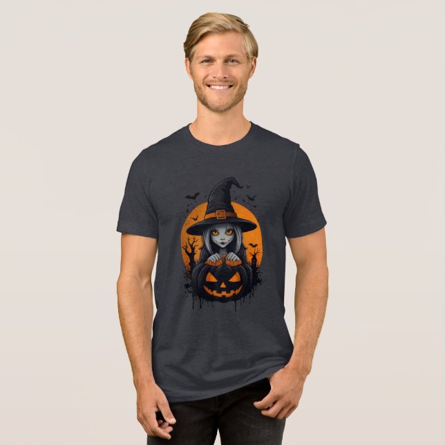 Spooky Witch with Jack-o’-Lantern Art Tri-Blend Shirt (Vorderseite voll)