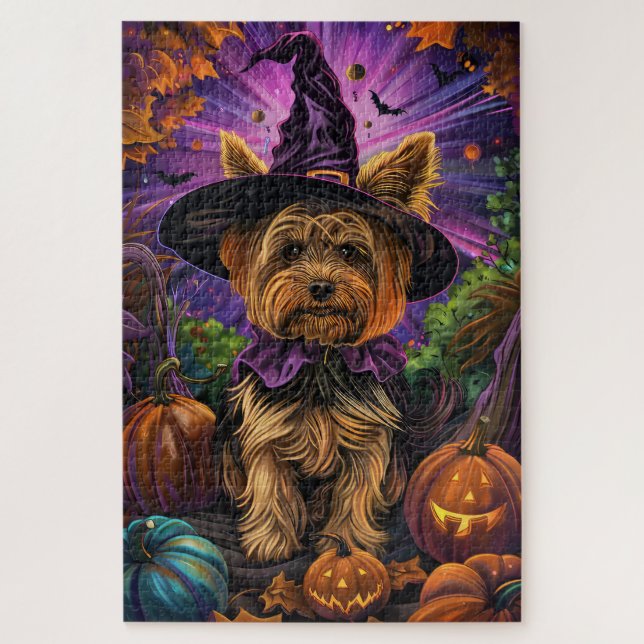 Spooky Yorkipoo Hund Halloween Hexe und Pumpkin (Vertikal)
