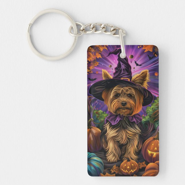 Spooky Yorkipoo Hund Halloween Hexe und Pumpkin Schlüsselanhänger (Vorderseite)
