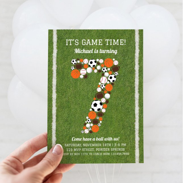 Sport 7. Geburtstagsparty Einladung (Sports 7th Birthday Invitation)