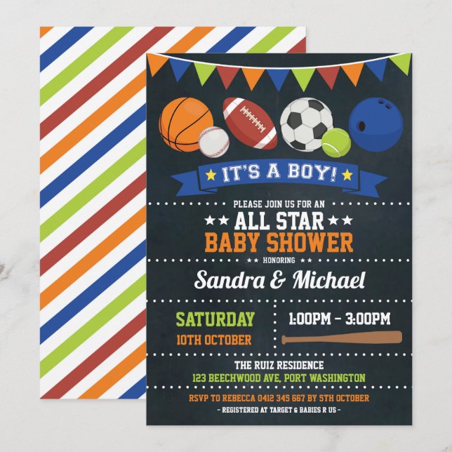 Sport-All-Star- Babyparty-Basketball-Rugby Einladung (Vorne/Hinten)