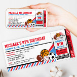 Sport All Star Ticket Pass Einladung Geburtstag<br><div class="desc">Komm und mach dir FUN! Feiern Sie Ihren Geburtstag mit unserer Sport-Party Einladung. Das Design umfasst Basketball-,  Baseball-,  Rugby-,  American Football- und Fußball-Bälle auf roten und blauen Streifen in Form von Eintrittskarten mit einem Text unten. Diese Einladungen für Sportarten sind perfekt für Ihre sportliche Geburtstagsparty,  sportliche Geburtstagsparty oder Sportveranstaltungen.</div>