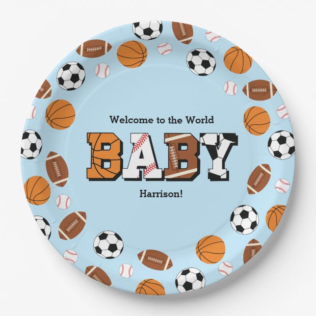 Sport Baby Dusche Co-ed Thema Boy Blue Pappteller (Vorderseite)