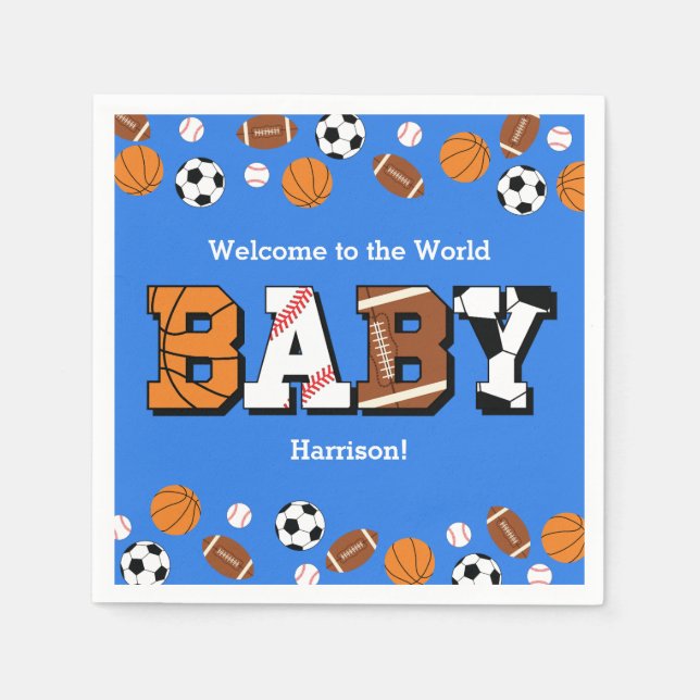 Sport Baby Dusche Co-ed Thema Boy Blue Serviette (Vorderseite)