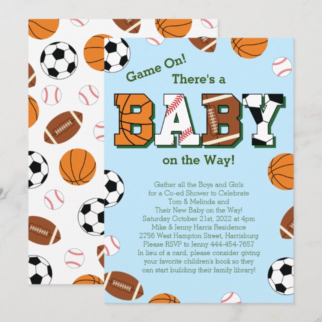 Sport Baby Dusche Co-ed Thema Einladung (Vorne/Hinten)