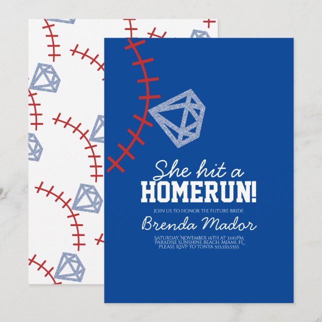 Sport Baseball Homerun Glitzer Brautparty Blau Einladung (Vorne/Hinten)