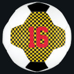 Sport Checkerboard Team Player NUMMER Ziel Fußball<br><div class="desc">Schachbrettmuster in Schwarz & Gold mit benutzerdefinierter NUMBER in rot. Einfach zu personalisieren Text, Textfarbe. Ideal für jeden Fußball Lover, Spieler, Fans, New Baby, Team, Sportereignis, Game Ball Award, Fundraiser für jedes Alter. Farbenfroh, sportlich, Spaß. Mix und Match ganze Sport / Fußball Kollektionen von TMCdesigns.</div>