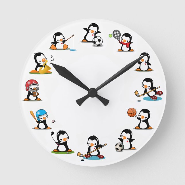 Sport-Pinguine Runde Wanduhr (Vorderseite)