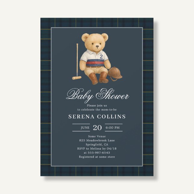 Sport Preppy Bear Blue Baby Dusche Einladung (Von Creator hochgeladen)