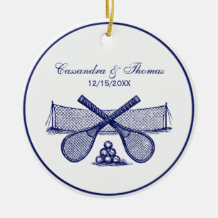 Sport Tennisnetz, gekreuzte Schläger, Bälle Blau Keramik Ornament
