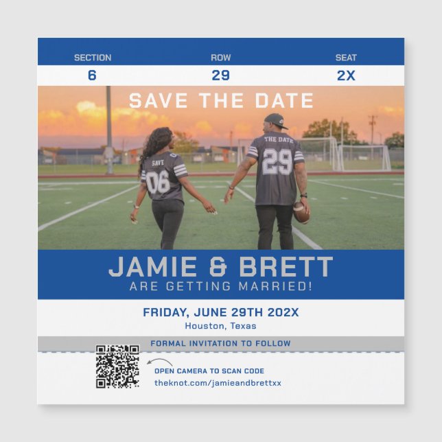 Sport Ticket Save the Date Square Magnet QR Code (Vorderseite)