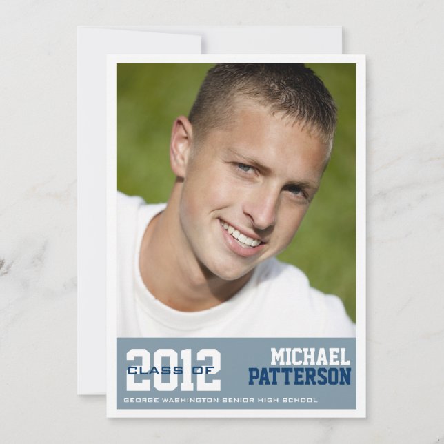 Sport Typ Foto Graduation Party Einladung Blauer T (Vorderseite)
